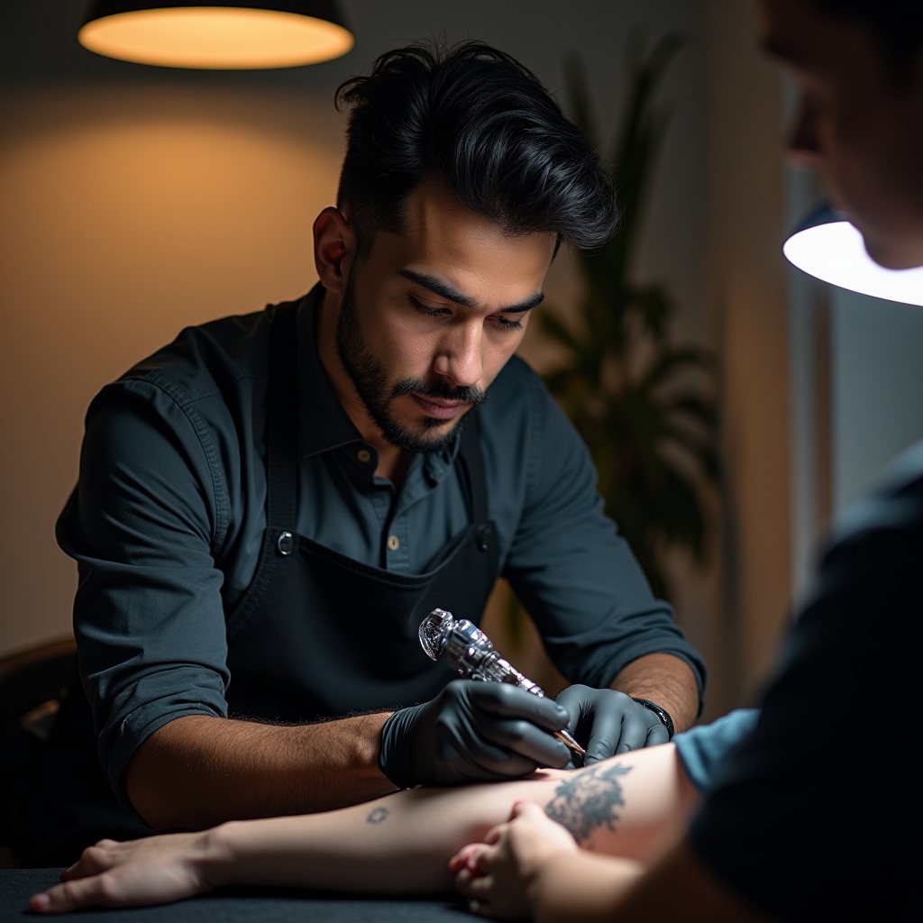 Tatuatore professionista al lavoro con strumenti digitali
